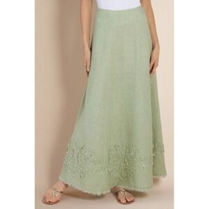 Soft Surroundings Bodrum Beach Maxi Skirt Womens Medium Green Linen Raw Fringe
